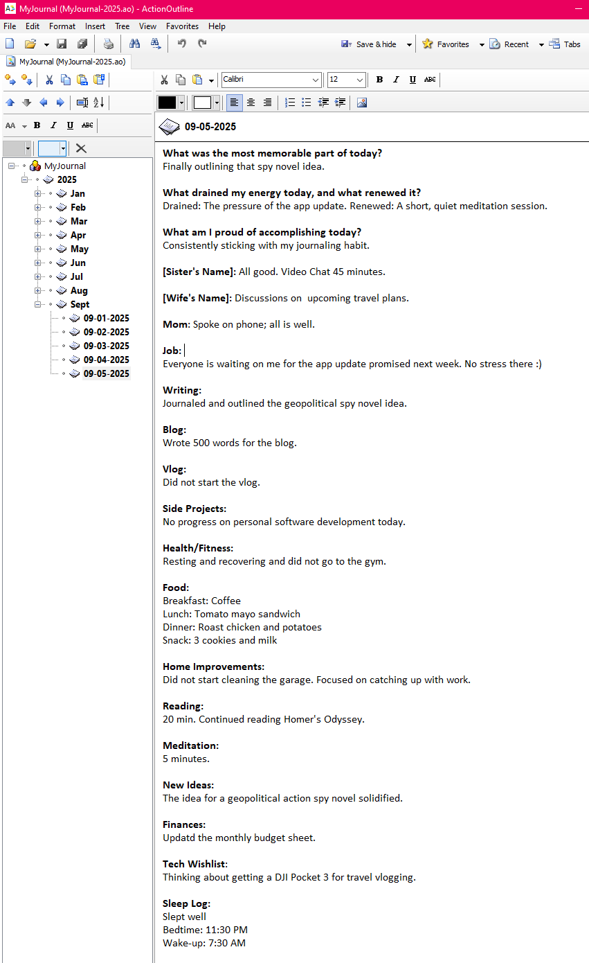 Screenshot of ActionOutline software with digital journaling entries organized in outline format.