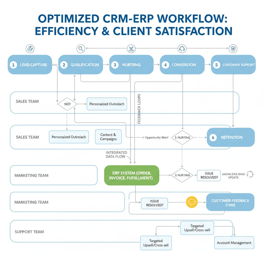 CRM and ERP workflow diagram illustrating lead capture, qualification, nurturing, conversion, customer support, and retention with integrated sales, marketing, and support processes.