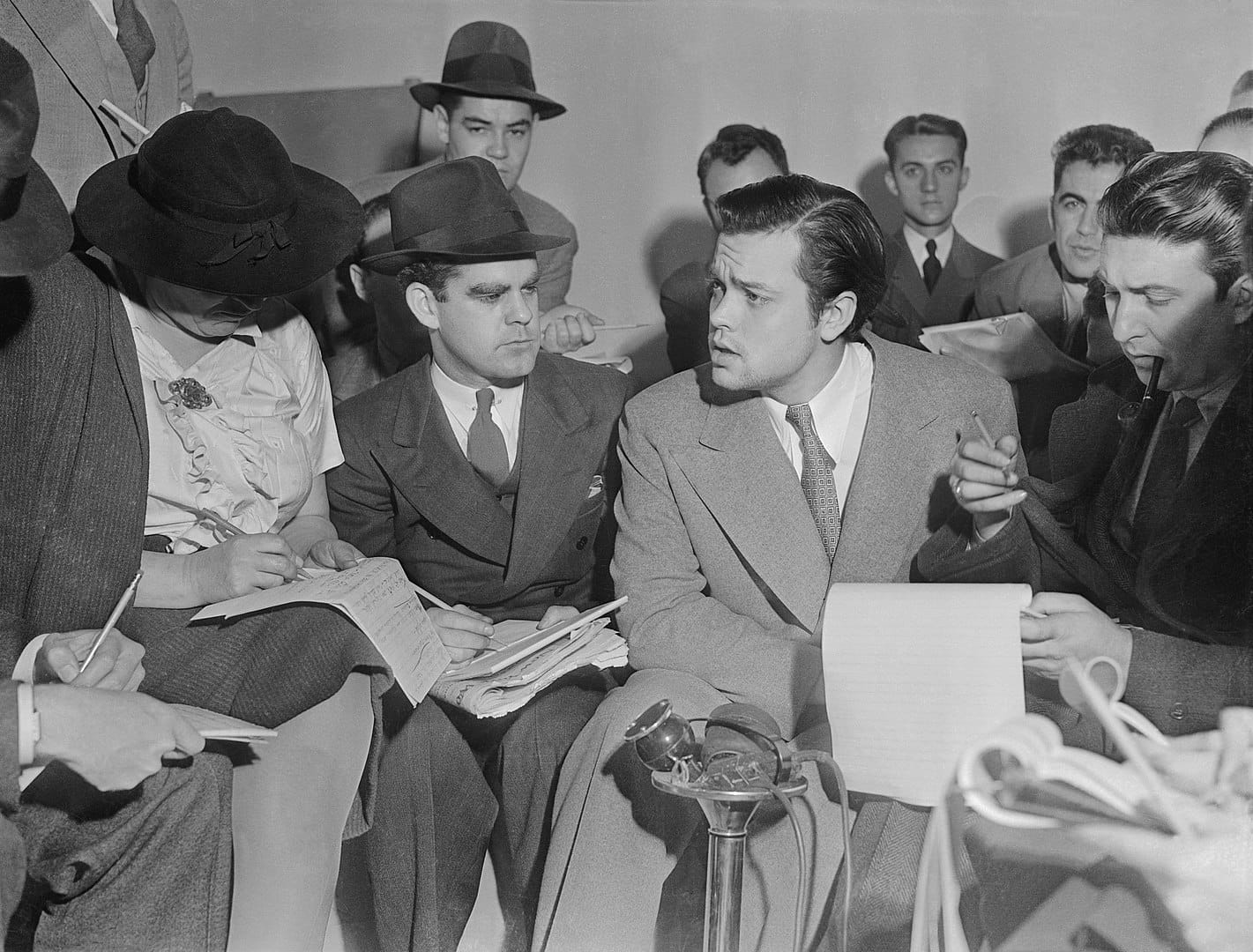 Orson Welles at a press conference in 1938 explaining the panic caused by the “War of the Worlds” radio broadcast