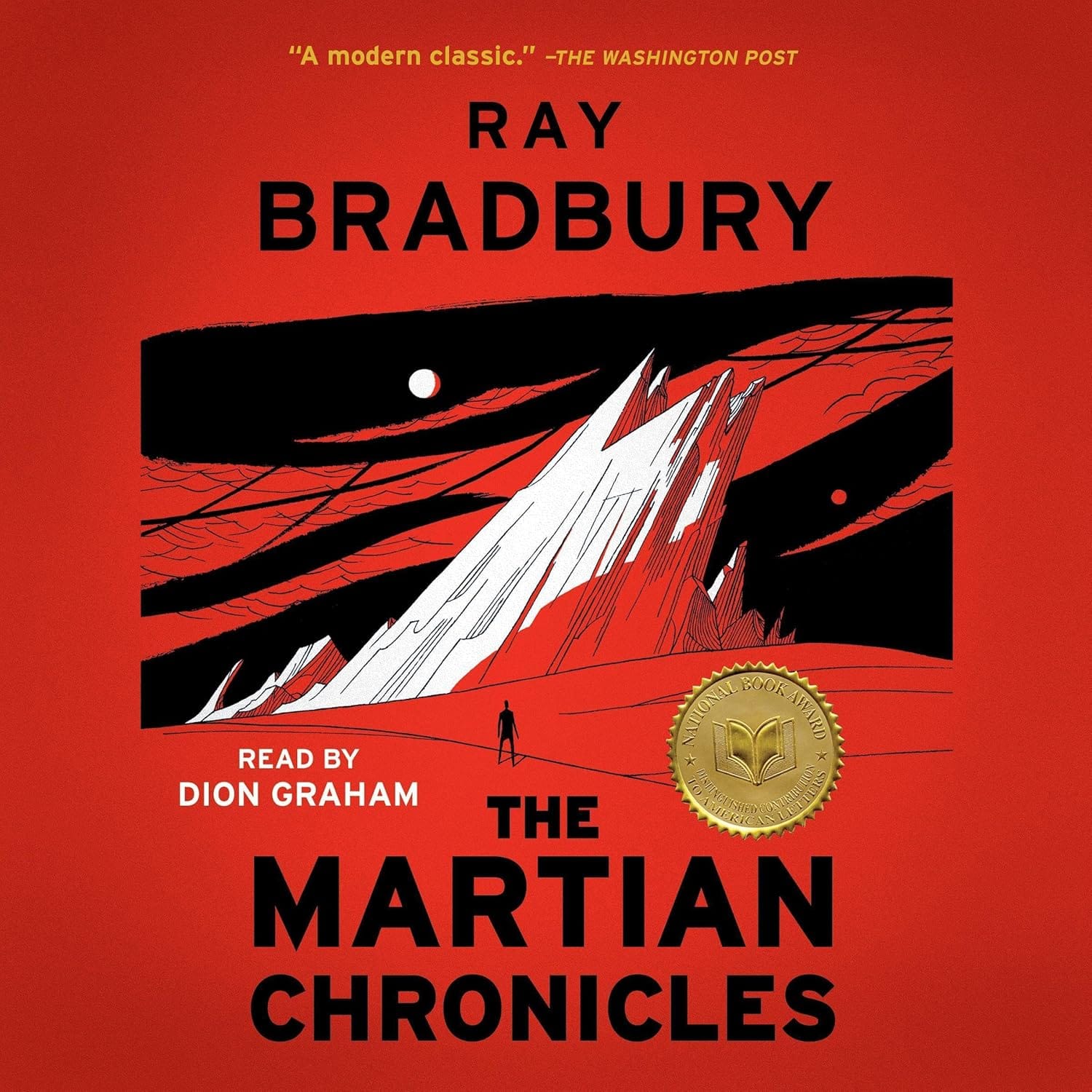 Audiobook cover for Ray Bradbury’s The Martian Chronicles showing a red Martian landscape and moon, modern classic science-fiction