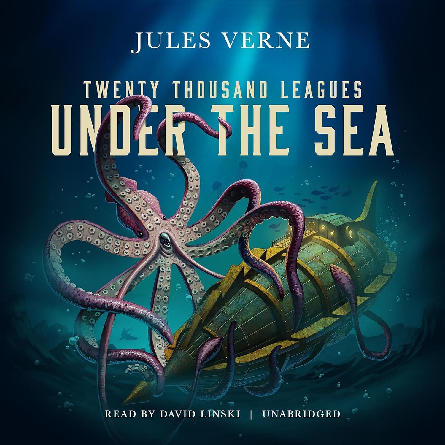 Cover for Jules Verne’s Twenty Thousand Leagues Under the Sea with a giant squid attacking the Nautilus submarine, classic adventure sci-fi