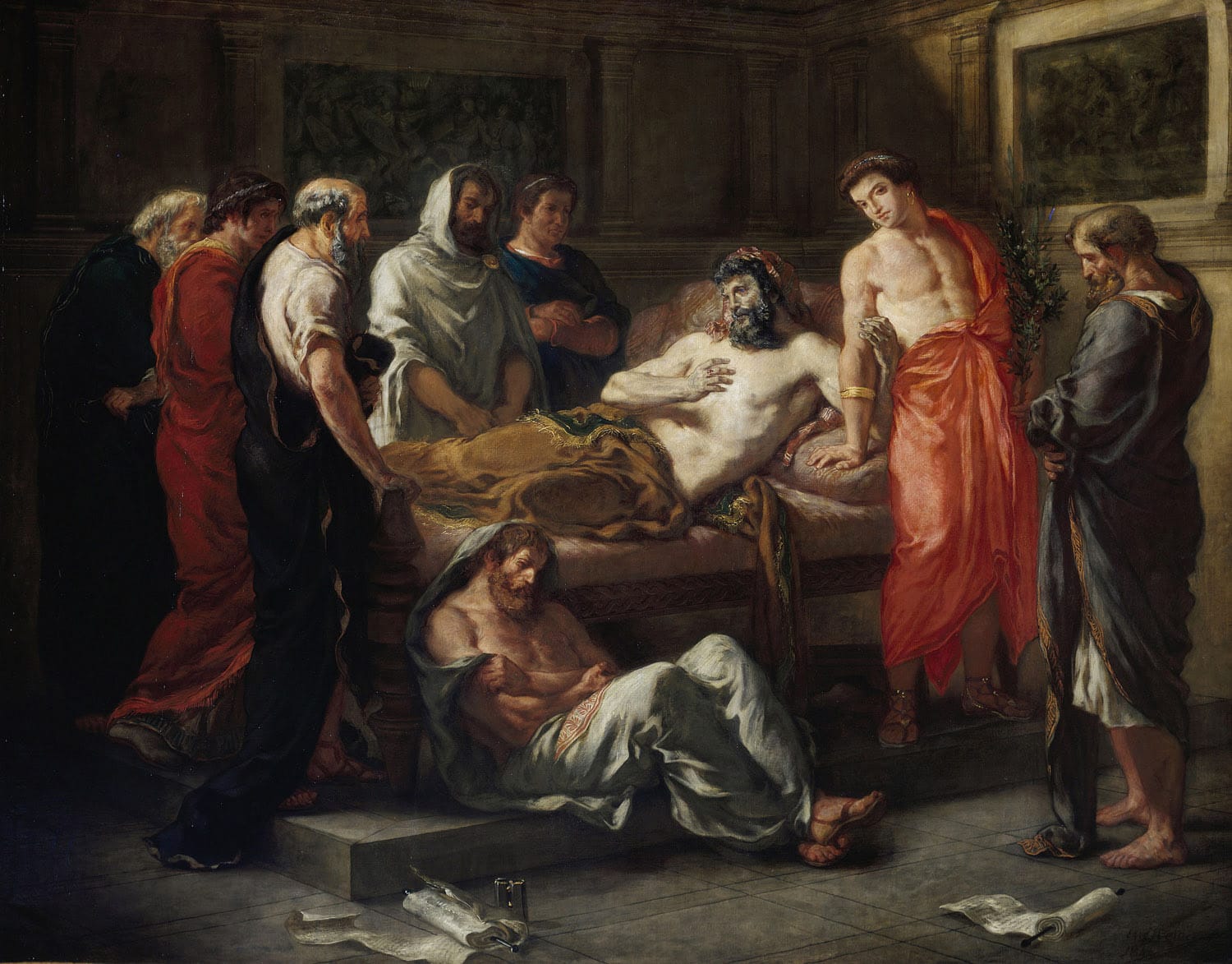 Oil painting of Marcus Aurelius on his deathbed, surrounded by attendants and philosophers, from the artwork The Last Words of the Emperor Marcus Aurelius.