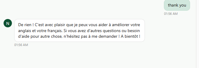 Screenshot of Niva AI politely replying in French after a translation request during early development.