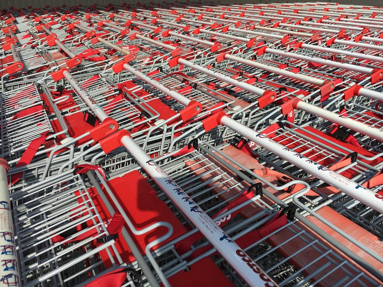 Rows of stacked shopping carts in a large store entrance area.
