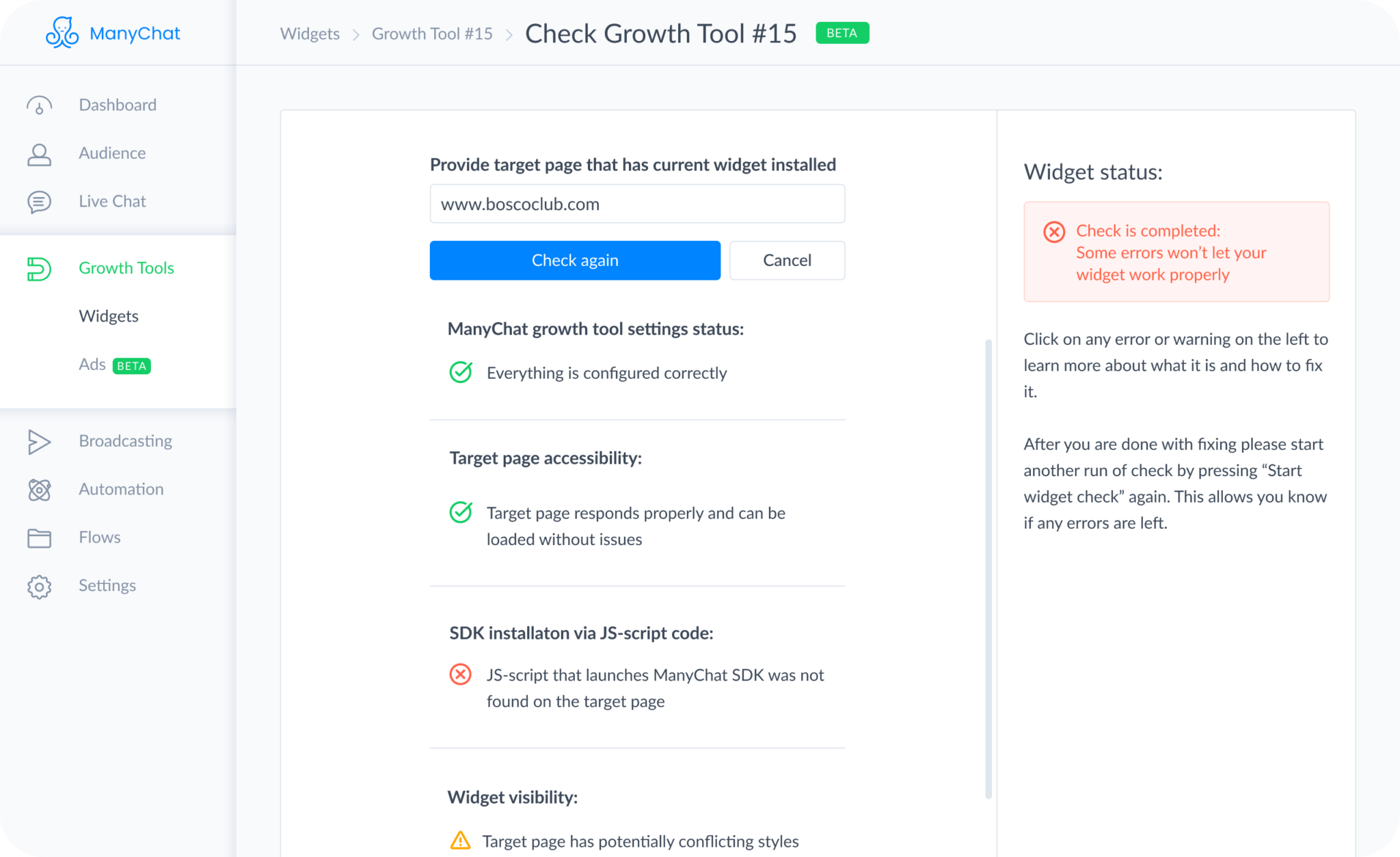 Troubleshoot Your Chatbot Widgets With ManyChat's New Diagnostic Tool
