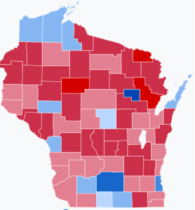 A county-by-county map of the 2024 presidential election in Wisconsin, where Trump narrowly beat Kamala Harris by about 1 percentage point, or about 29,000 votes. 