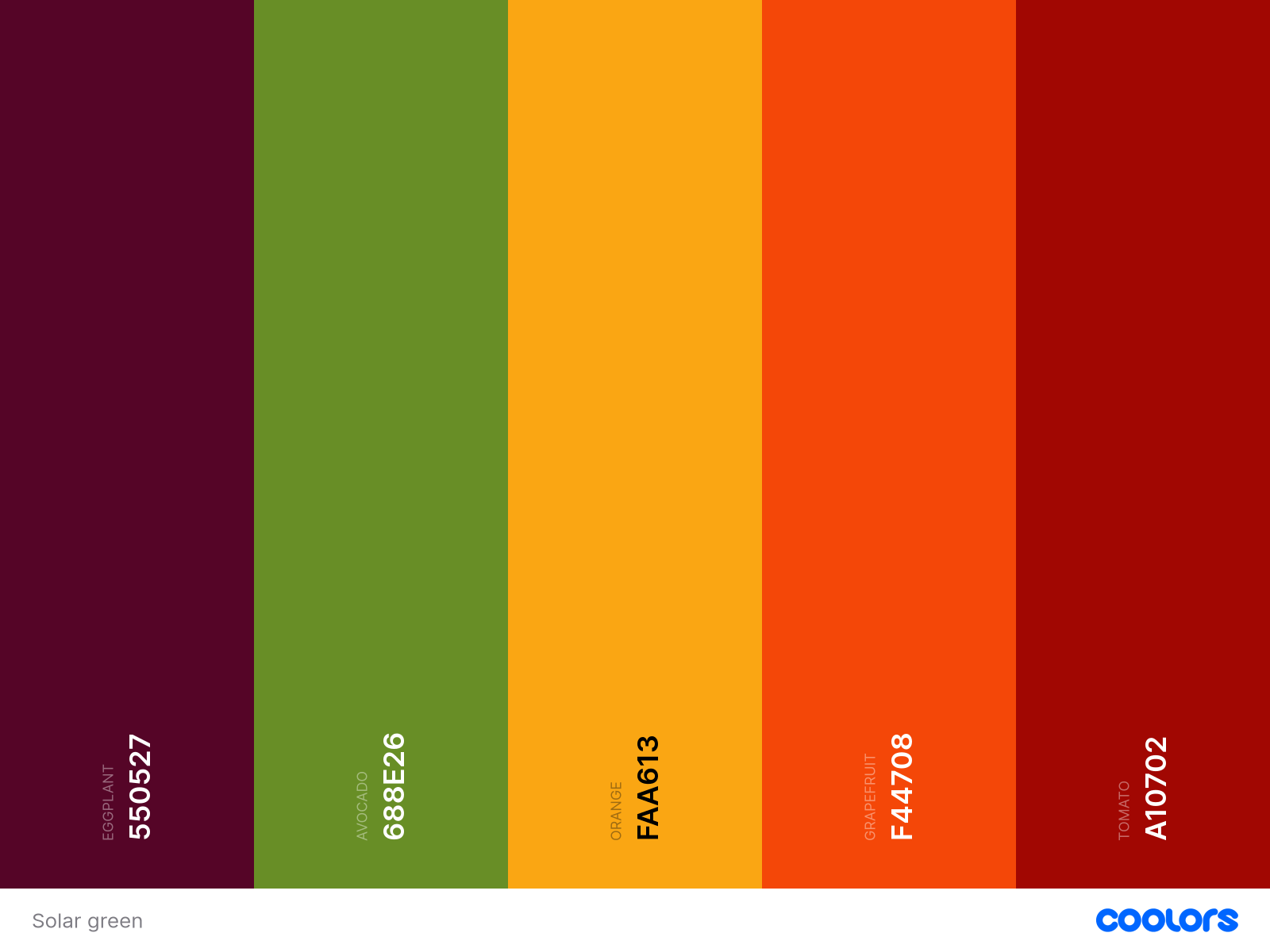 From left to right: Eggplant, Avocado, Orange, Grapefruit, Dark Tomato – Solar green colour palette