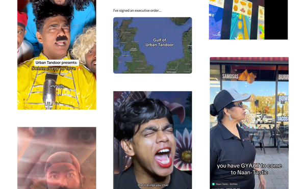 A series of screenshots of memes and TikToks by restaurants like Urban Tandoor and Naan-Tasti