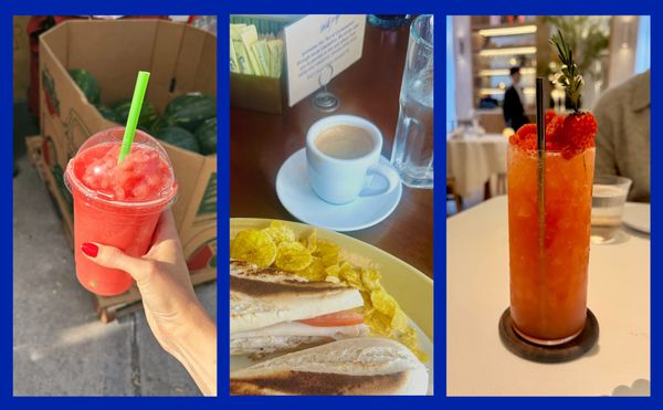 A collage of a watermelon slush, a cafecito, and a strawberry cocktail