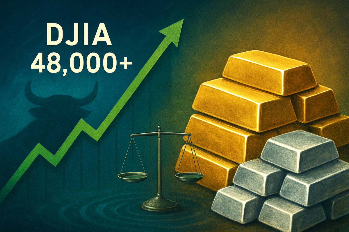An Unprecedented Divergence: Dow Soars Past 48,000 as Gold and Silver Reach Historic Highs