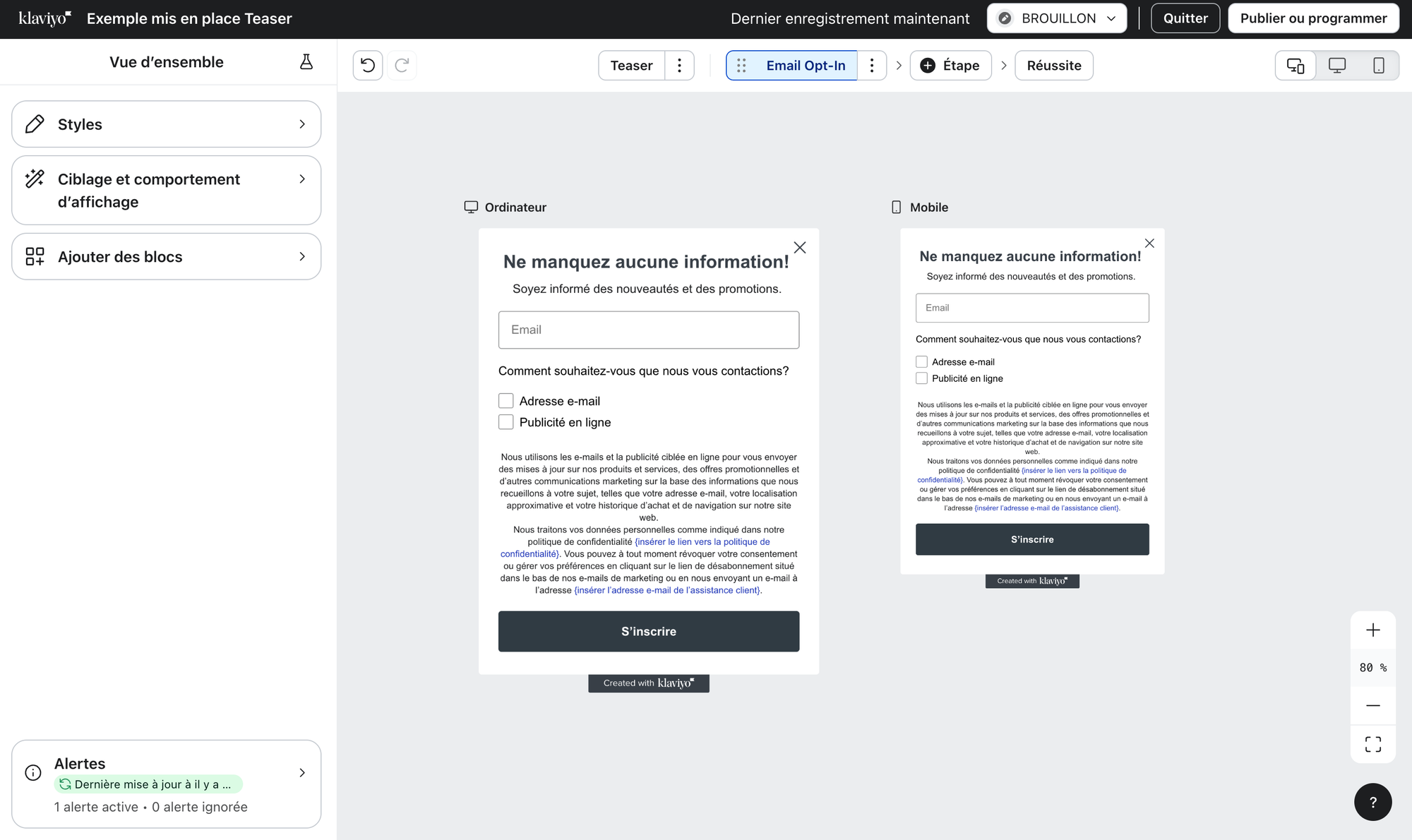 Klaviyo interface: the Teaser option in the form management bar