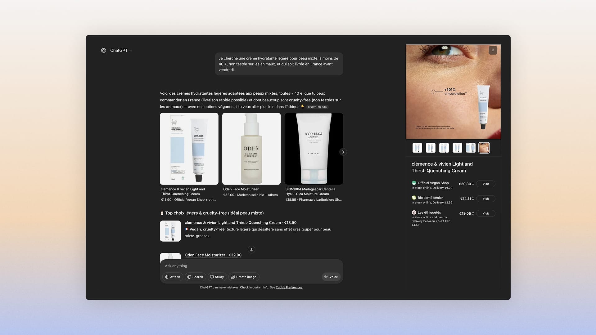 Example of a product query on ChatGPT