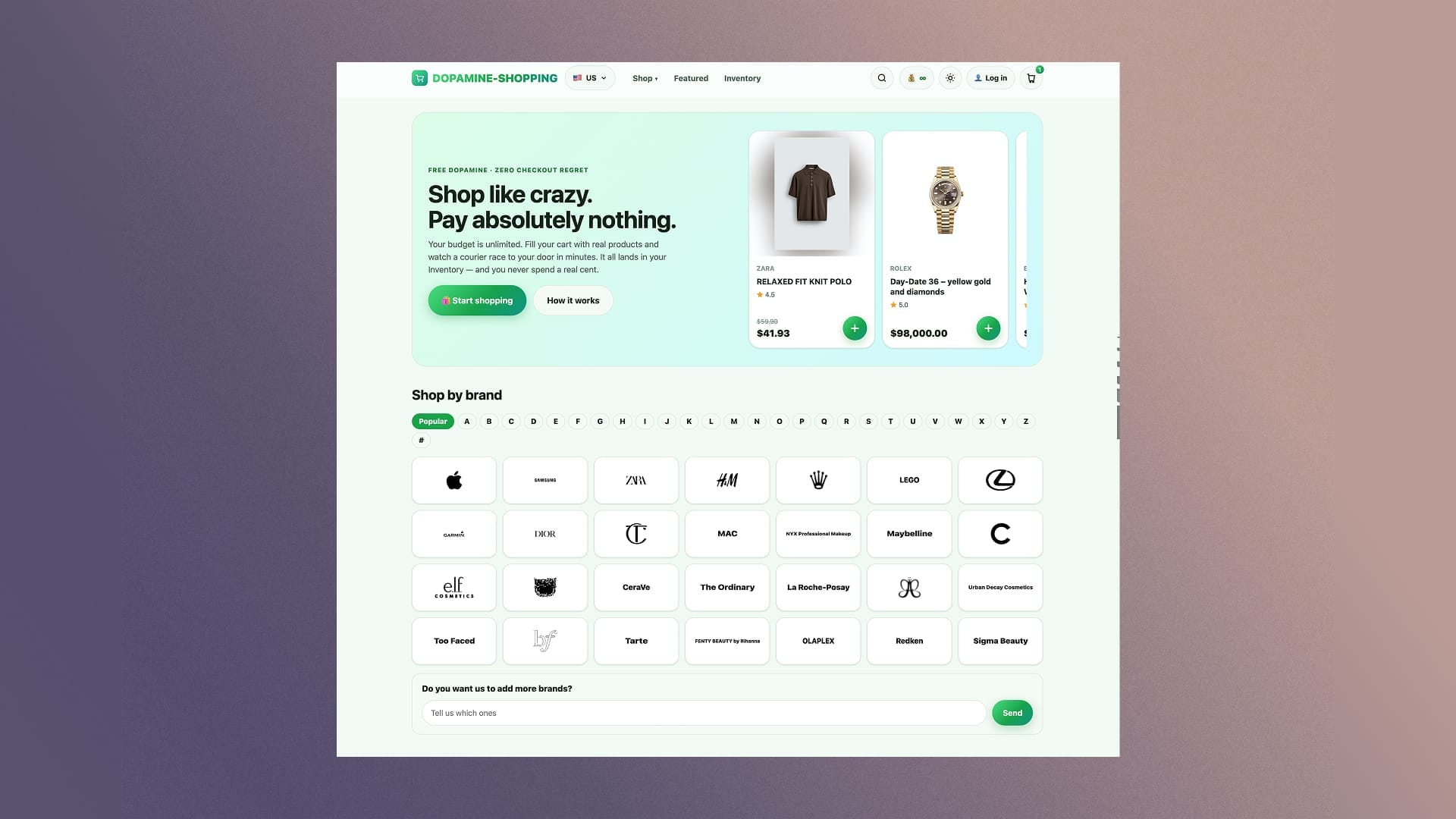 "Shop like crazy" screen of a dopamine site imitating a store