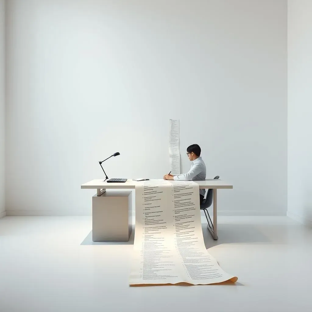 An accountant at a desk in front of a transaction listing that spills onto the floor