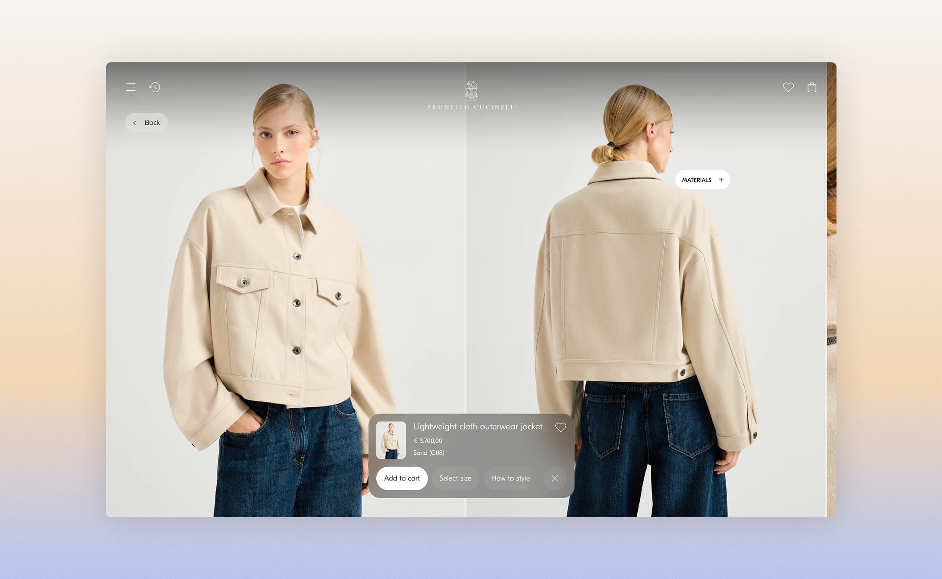 Product page on the Brunello Cucinelli e-commerce site