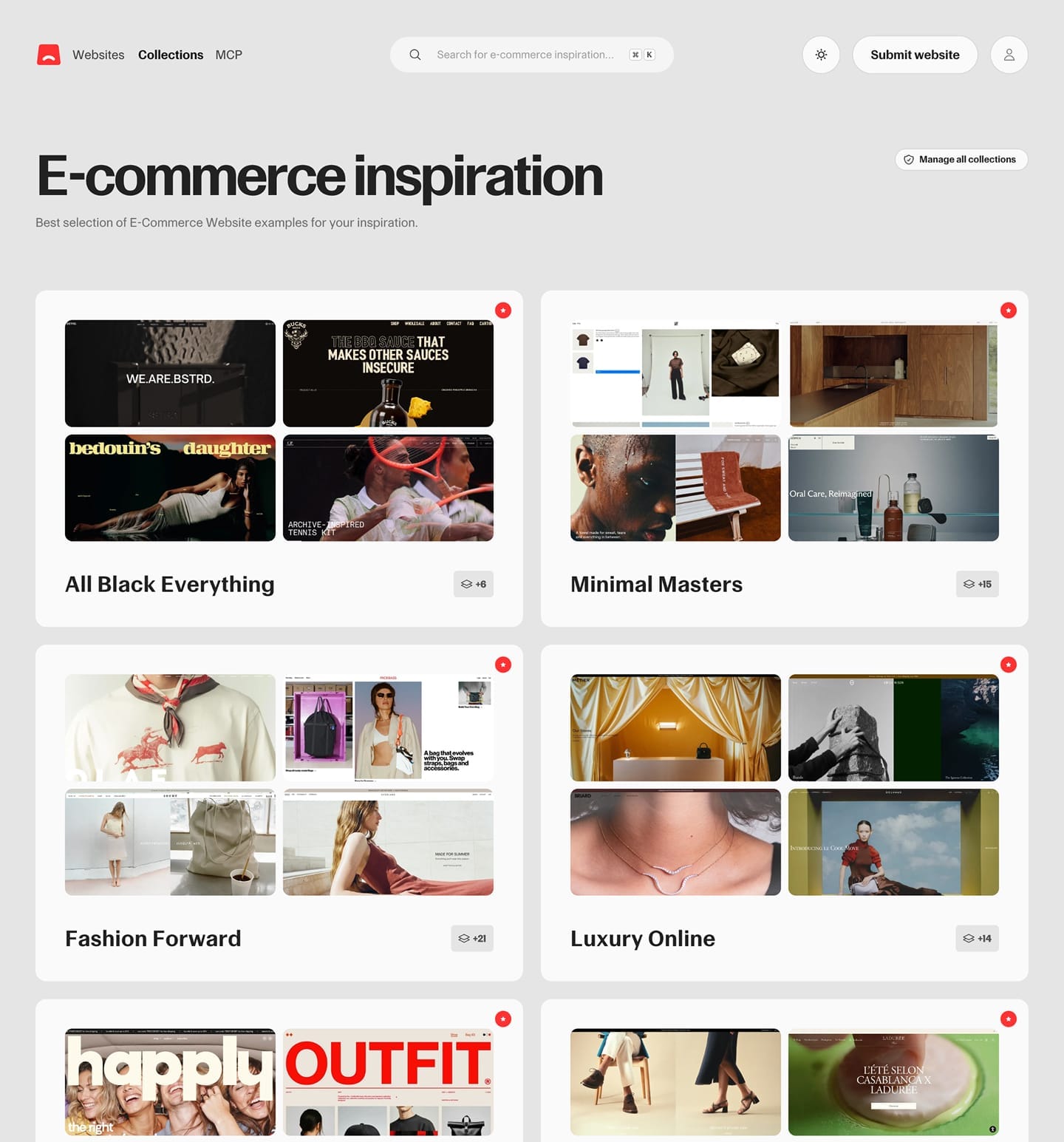 Commerce.design: themed collections page (Black Everything, Luxury Online, Brutalist Commerce…)
