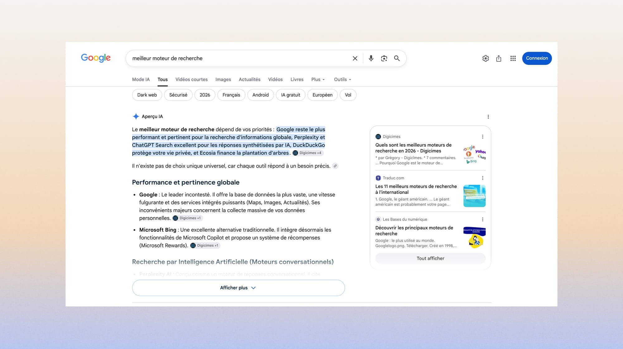 Google results page with an AI Overview: blue links pushed below the first screen