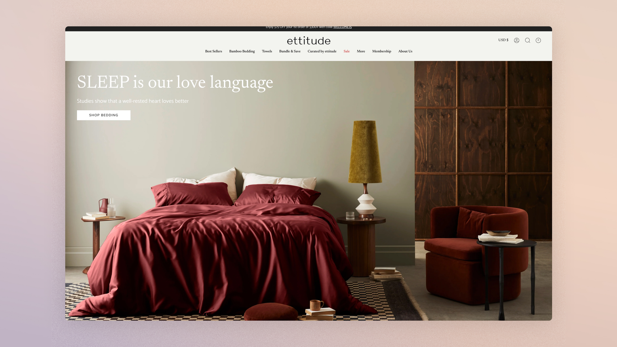 Ettitude homepage highlighting its love of sleep