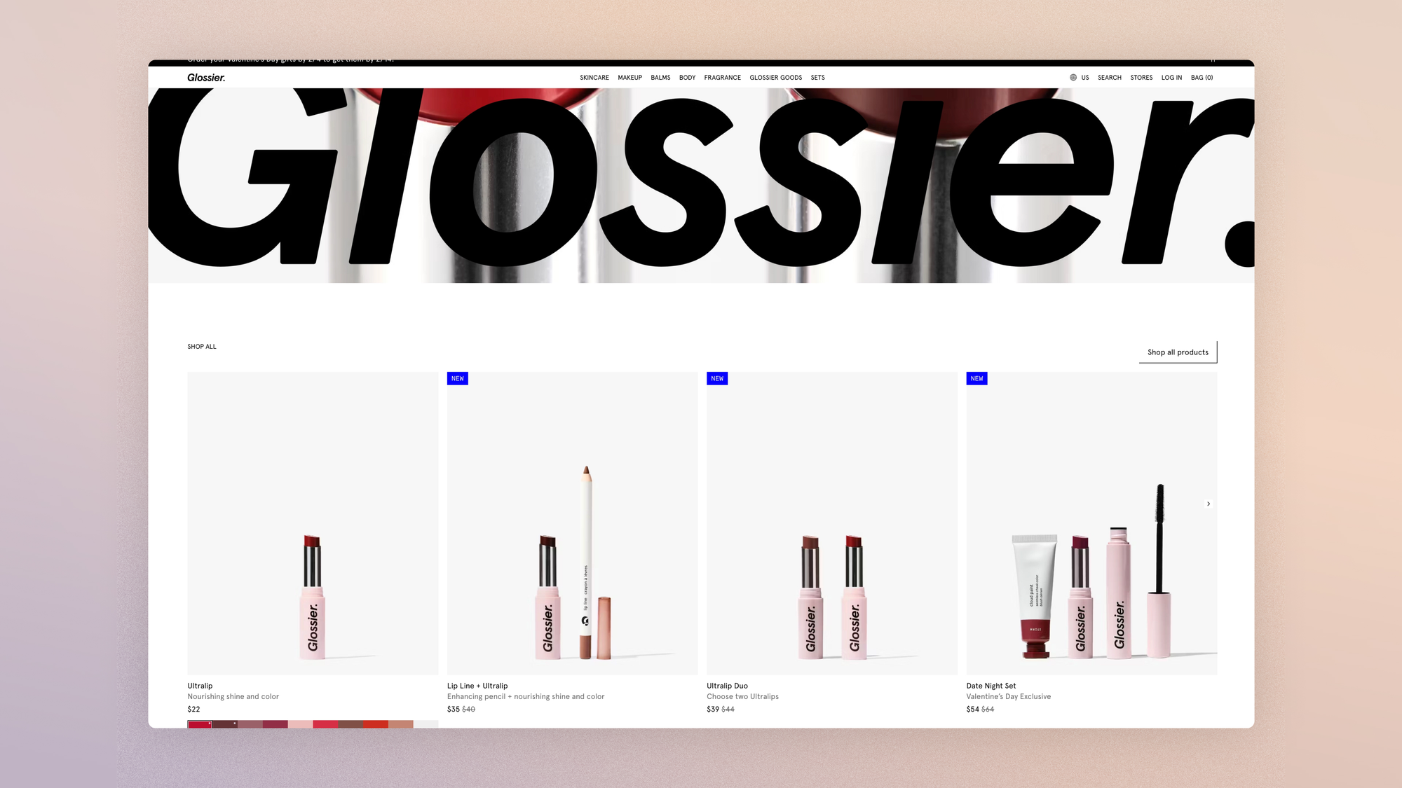 Glossier homepage with a product selection
