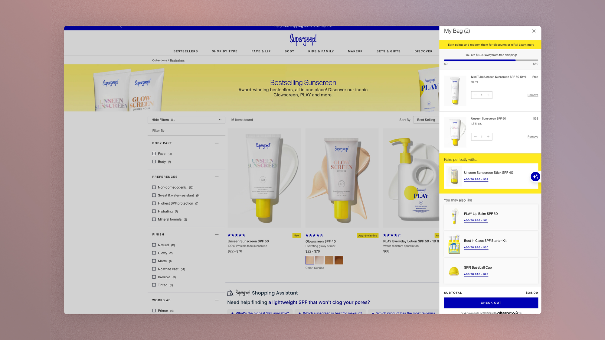 Supergoop cart drawer with several incentives