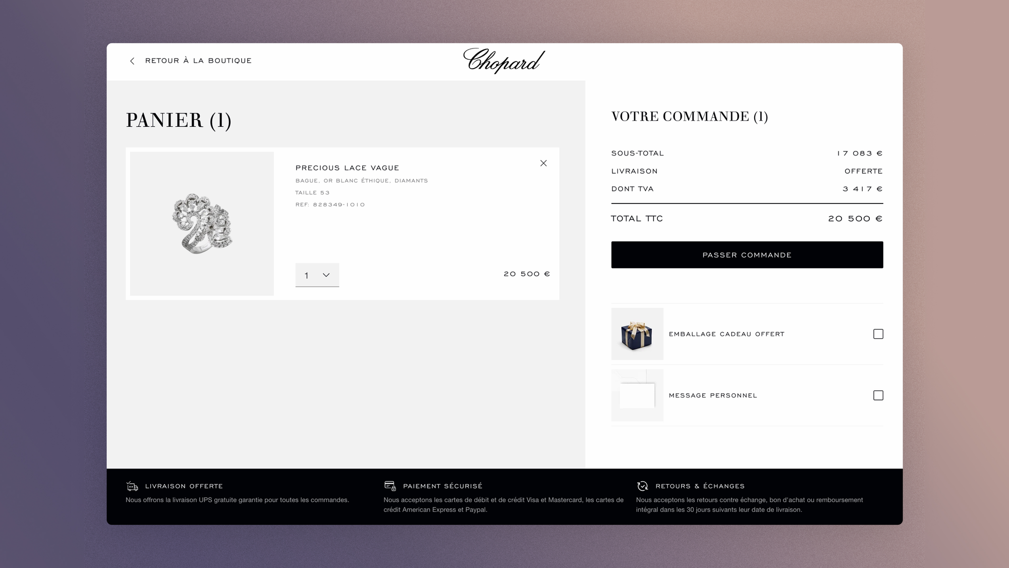 Chopard cart page: navigation replaced by a single "Back to the shop" CTA