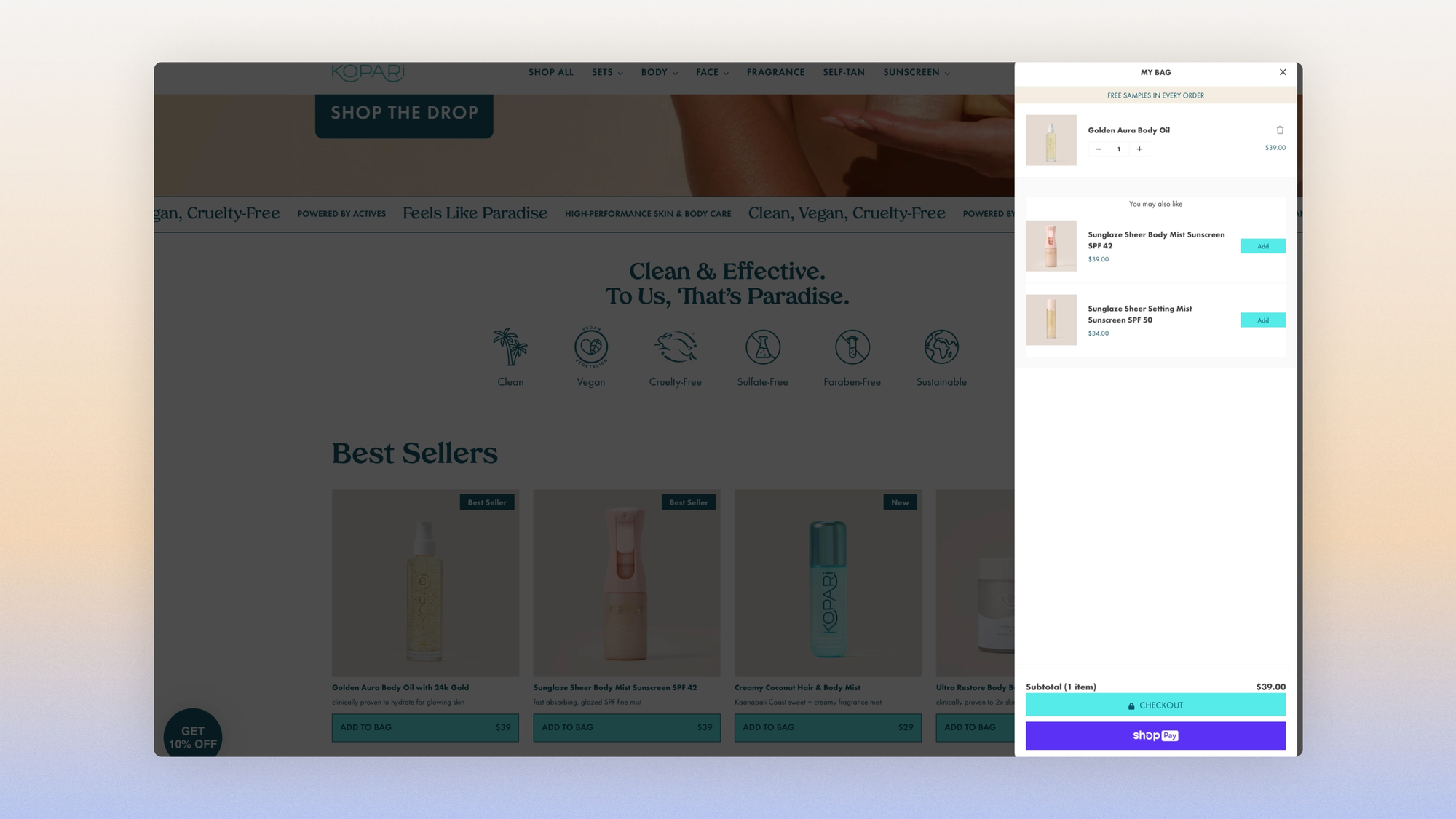 Kopari cart drawer highlighting free samples