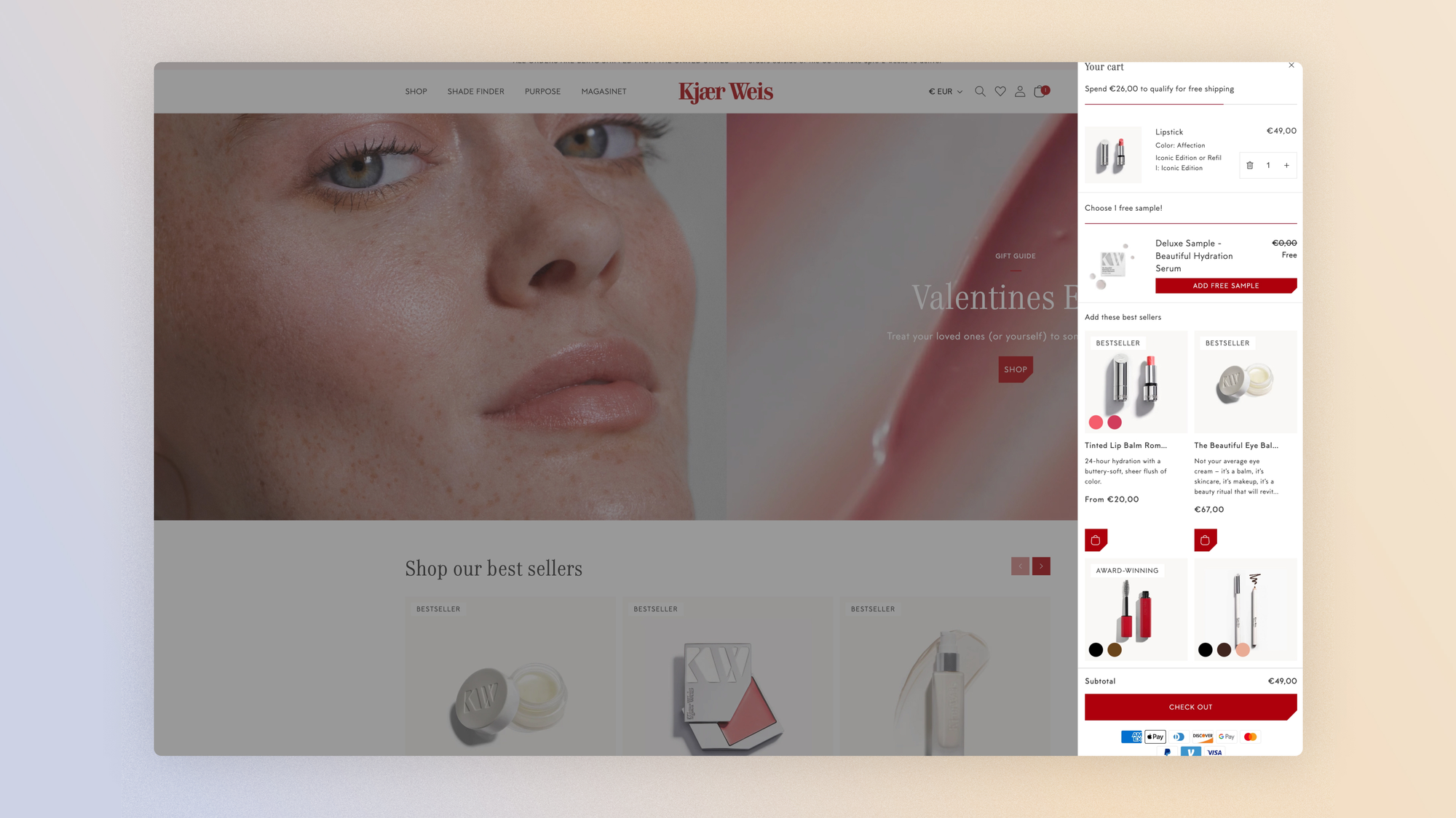 Kjær Weis cart drawer: samples, cross-sell and shipping incentive
