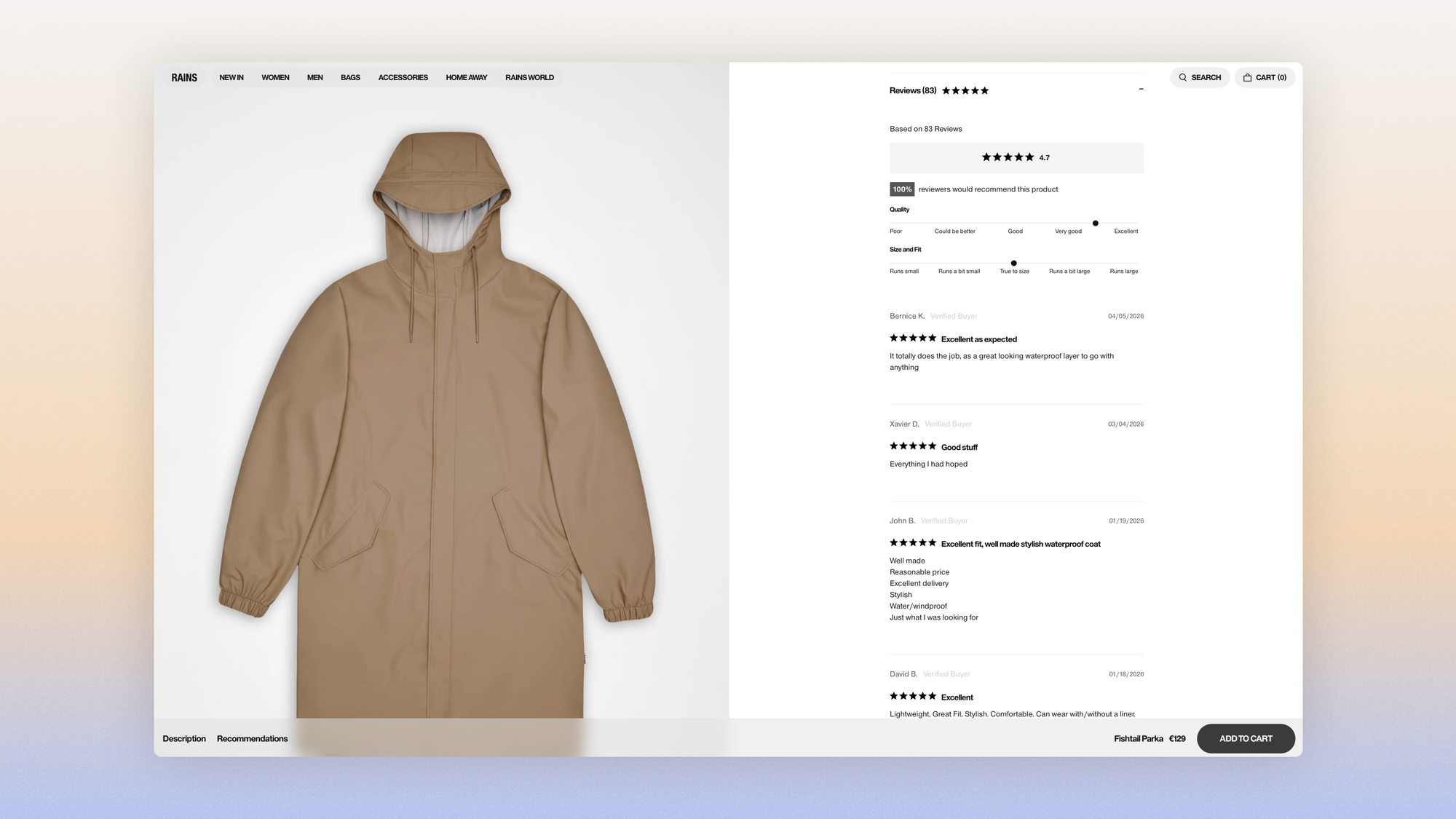 RAINS customer reviews with perceived quality and sizing indications