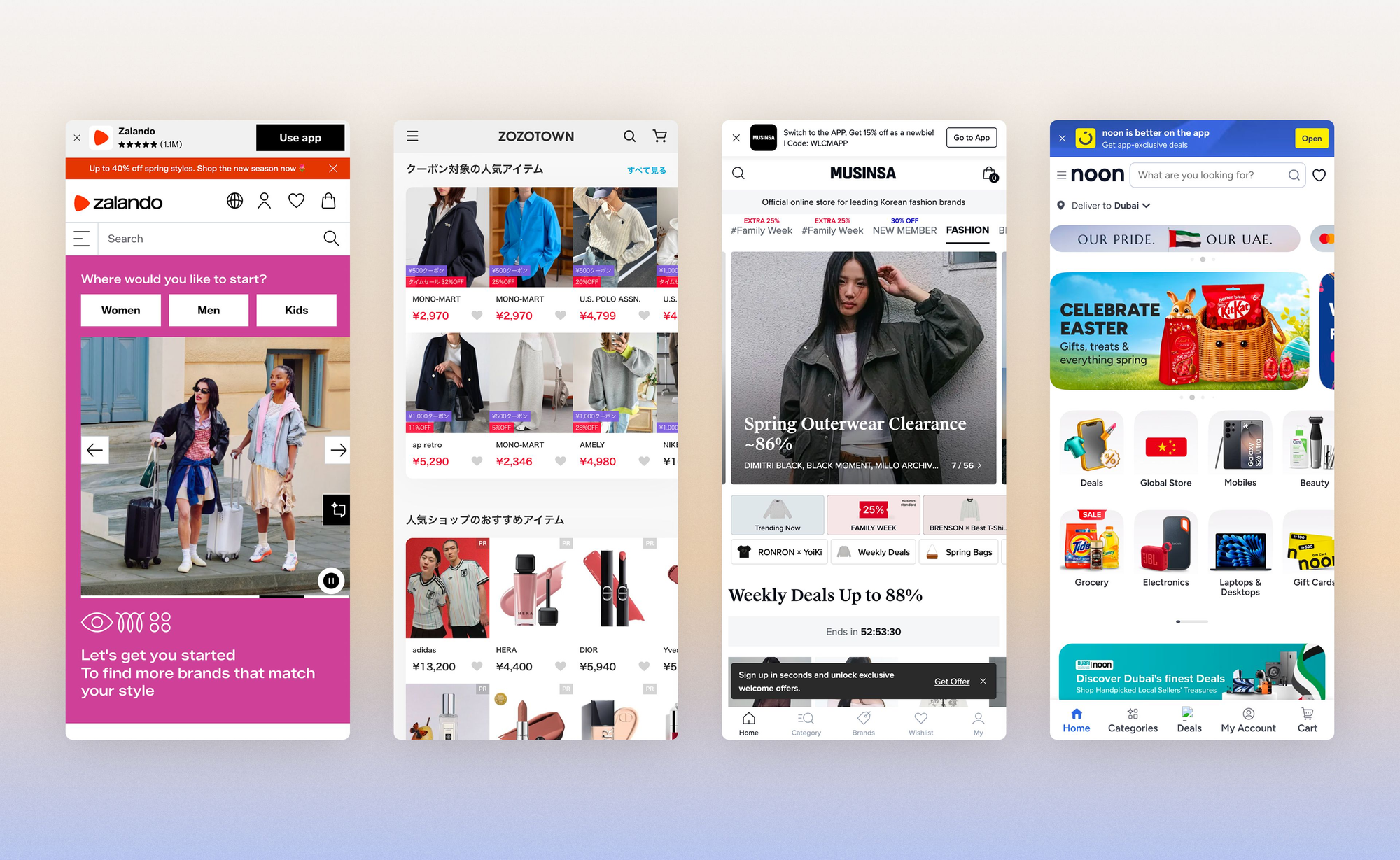 Homepages of Zalando, ZOZOTOWN, Musinsa and Noon