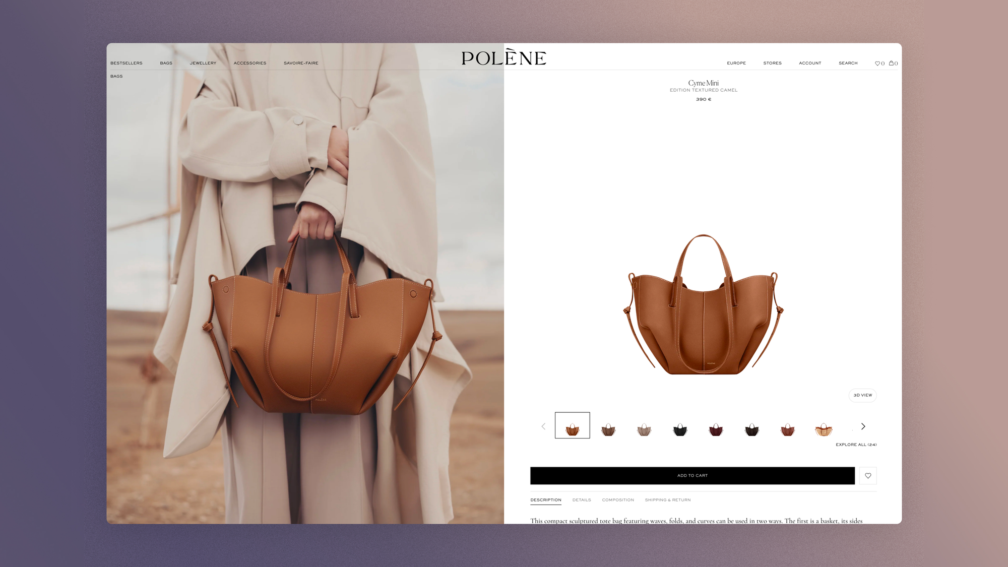 Polène product page: worn visual and packshot side by side