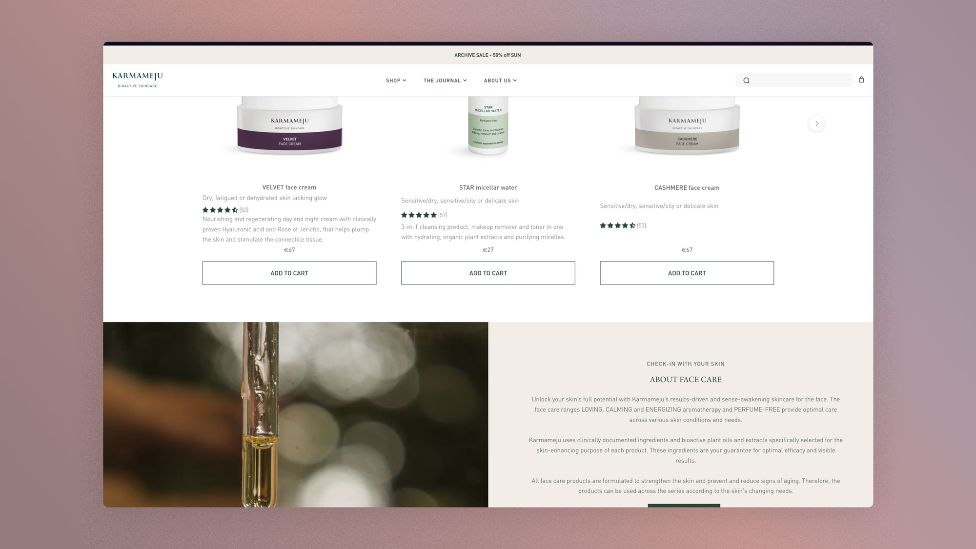 Karmameju collection page, a hybrid layout between landing page and category