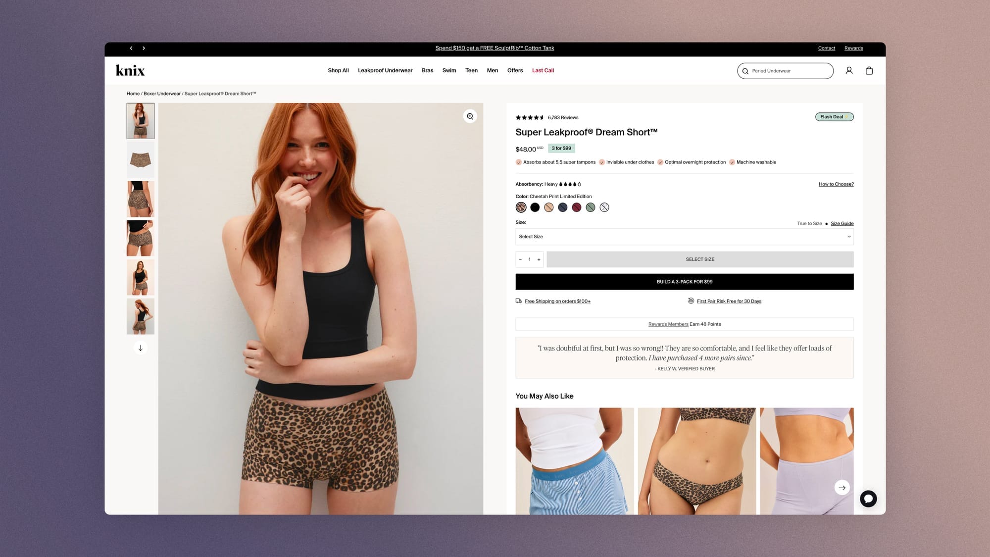 Knix product page with many reassurance elements about size and returns