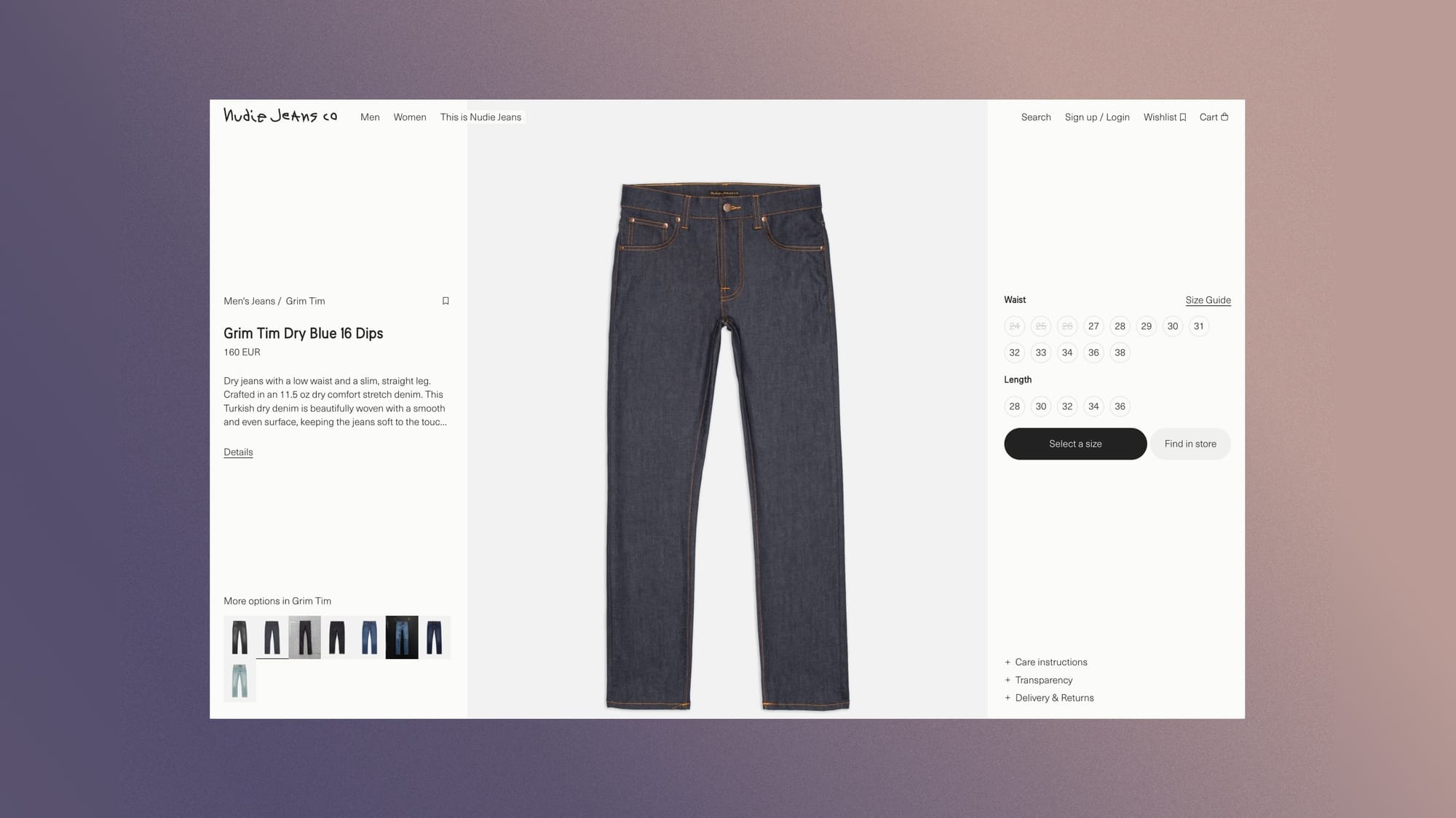 Nudie Jeans product page: the product shown all the way through, the cart button waiting for the decision