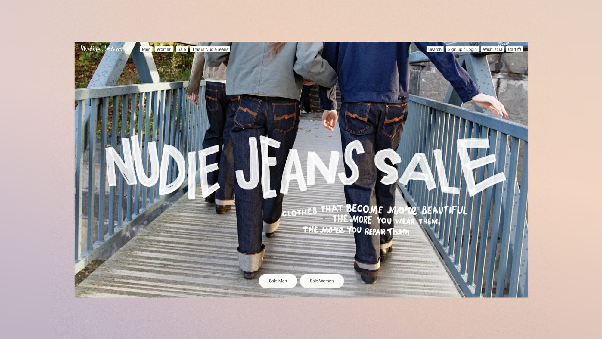 Nudie Jeans homepage: manifesto, promotions and new arrivals with no hierarchy