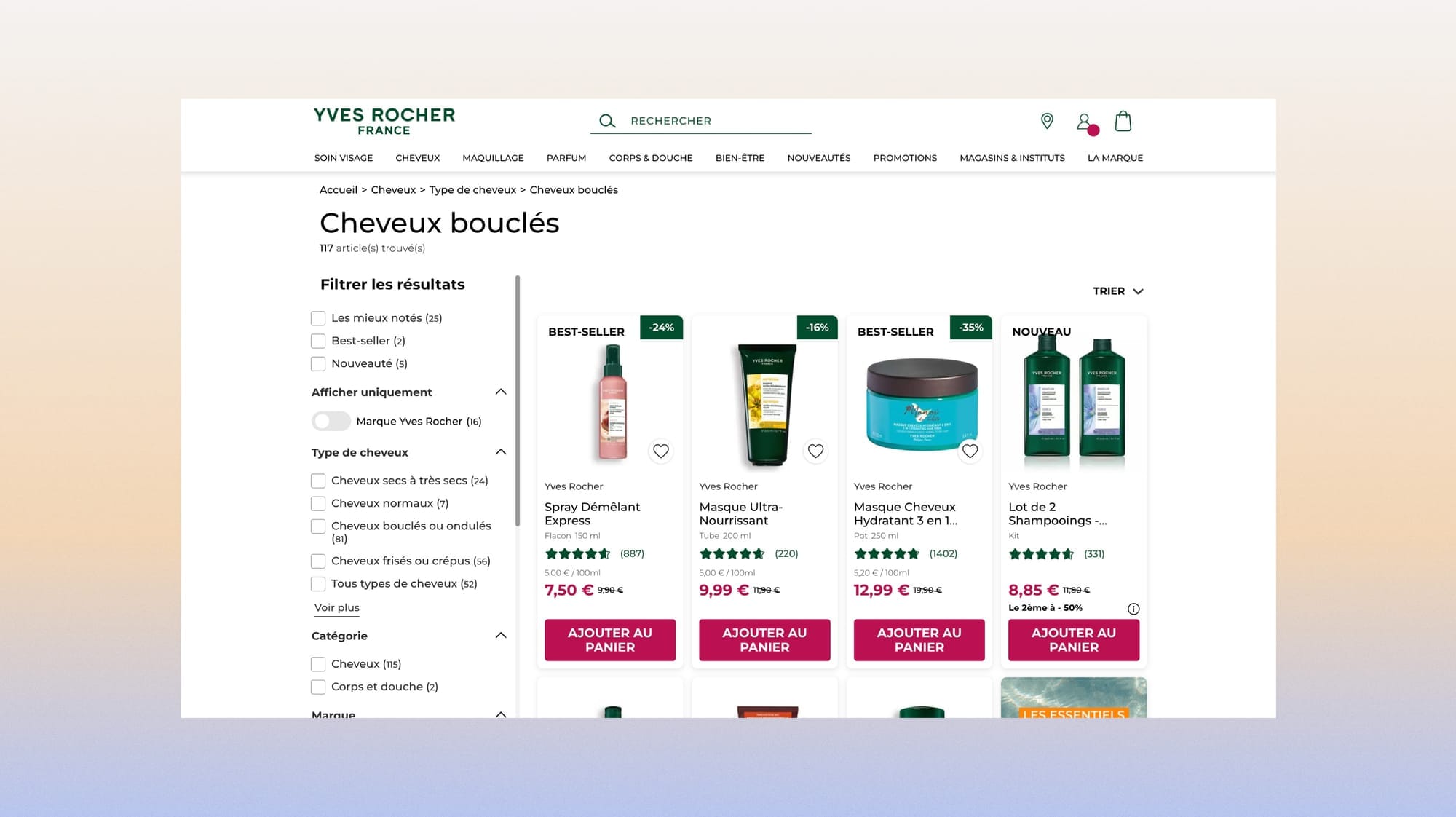 Yves Rocher collection page: selection tools present but buried