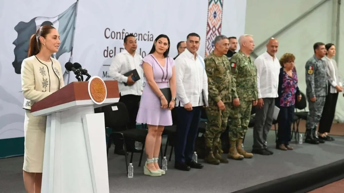 La presidenta y parte de su gabinete en la mañanera de hoy.