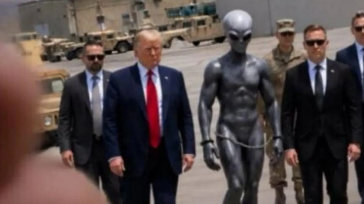 Trump provoca revuelo digital tras compartir fotografía con un alienígena en instalaciones militares