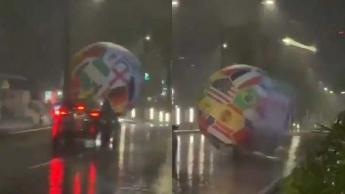 El insólito recorrido de una pelota mundialista de dos metros durante una tormenta en San Salvador