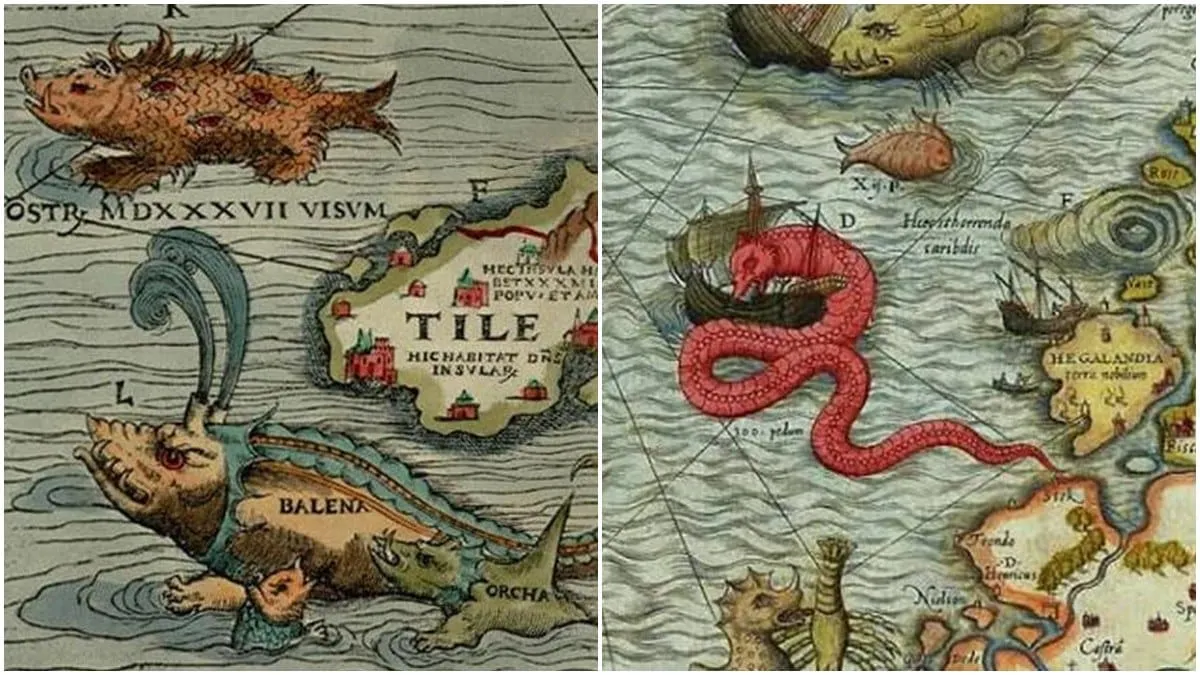 Monstruos marinos en mapas medievales y renacentistas.