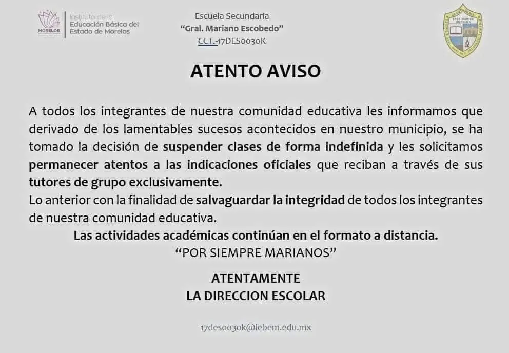 Suspenden clases en municipio de Morelos, tras masacre del fin de semana en Huitzilac