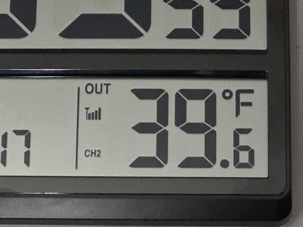 Cropped image of a digital display of the Outside temp: 39.6°F