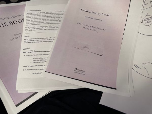 Several printouts for an online class; the class is The History of the Book & the printouts are all variations of that title.