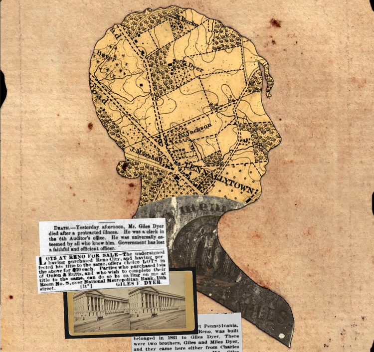 Collage of a silhouette opening to a map and a gravestone. Three newspaper clippings are on top with a stereopticon card of the Treasury Department.