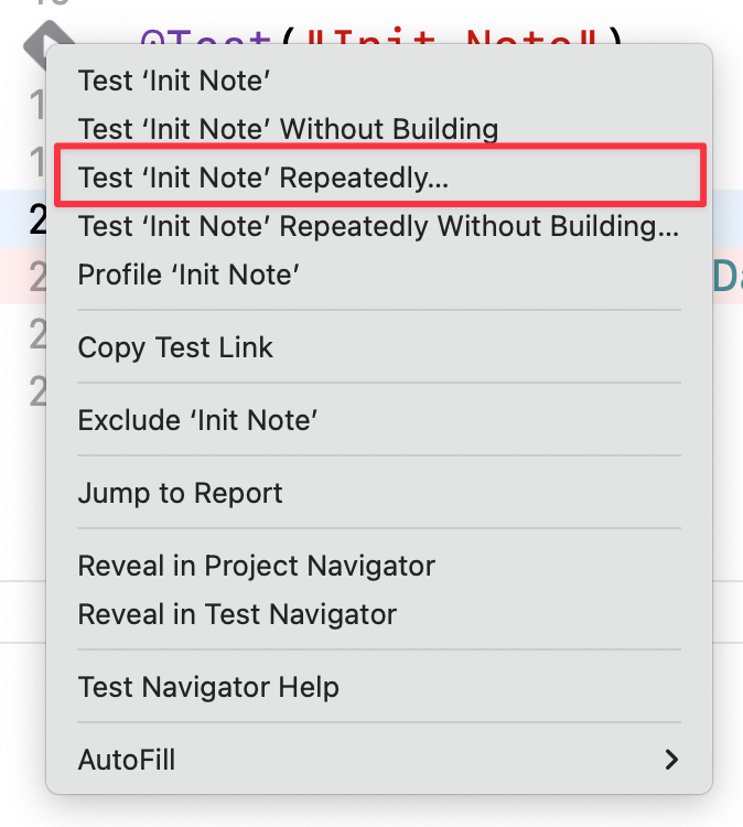 在 Xcode 的測試上面按右鍵，選 Test Repeatedly…