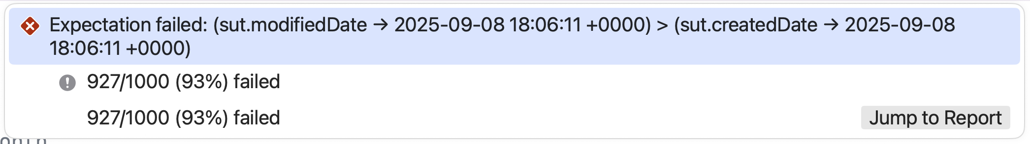錯誤結果顯示，有 93% 的情況 modifiedDate 並沒有 > createdDate。
