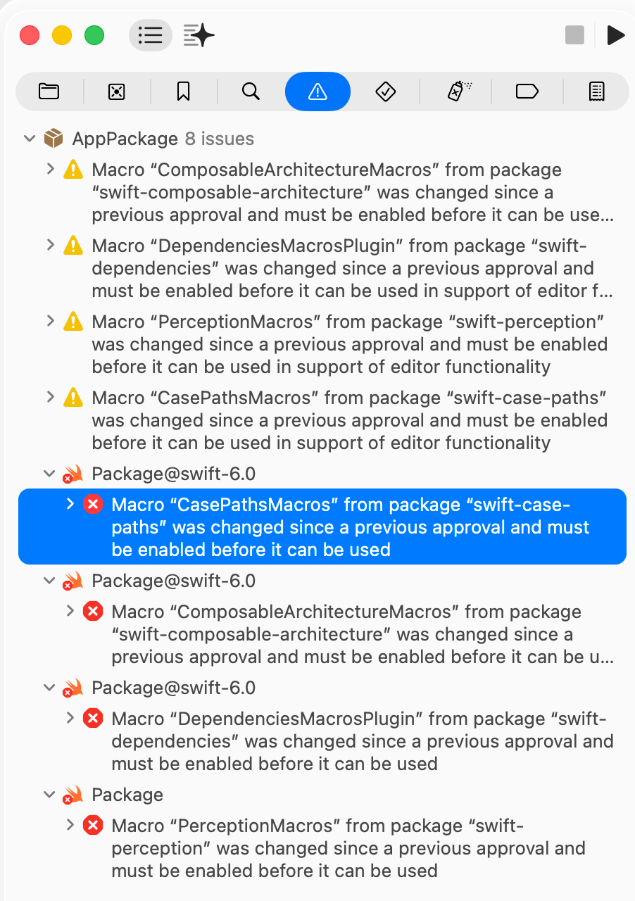 使用 Swift Macros 的套件有更新，所以 Xcode 以錯誤提示阻止專案編譯，需要開發者手動確認