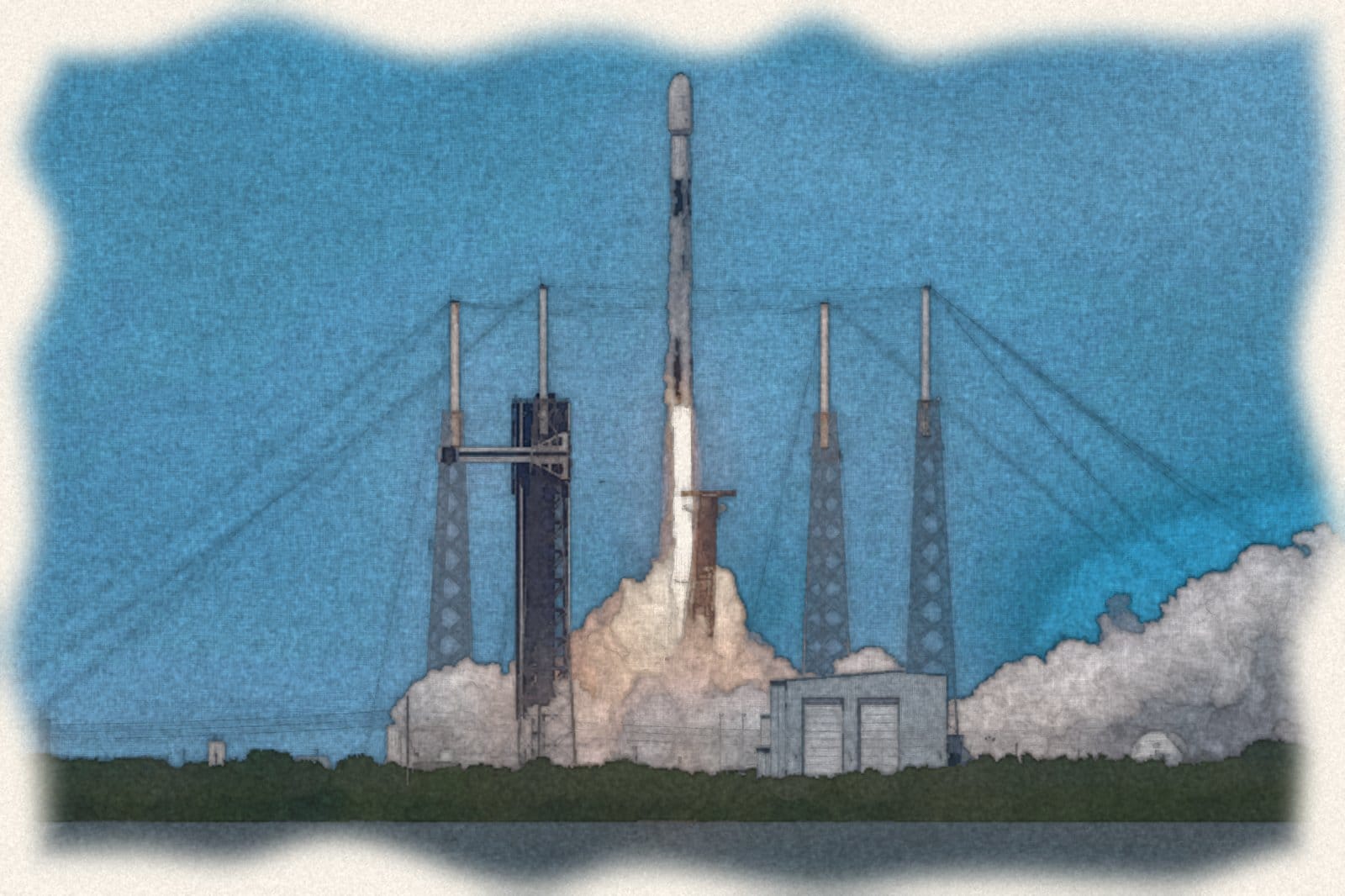 水彩風格的 Falcon 9 火箭從發射台升空