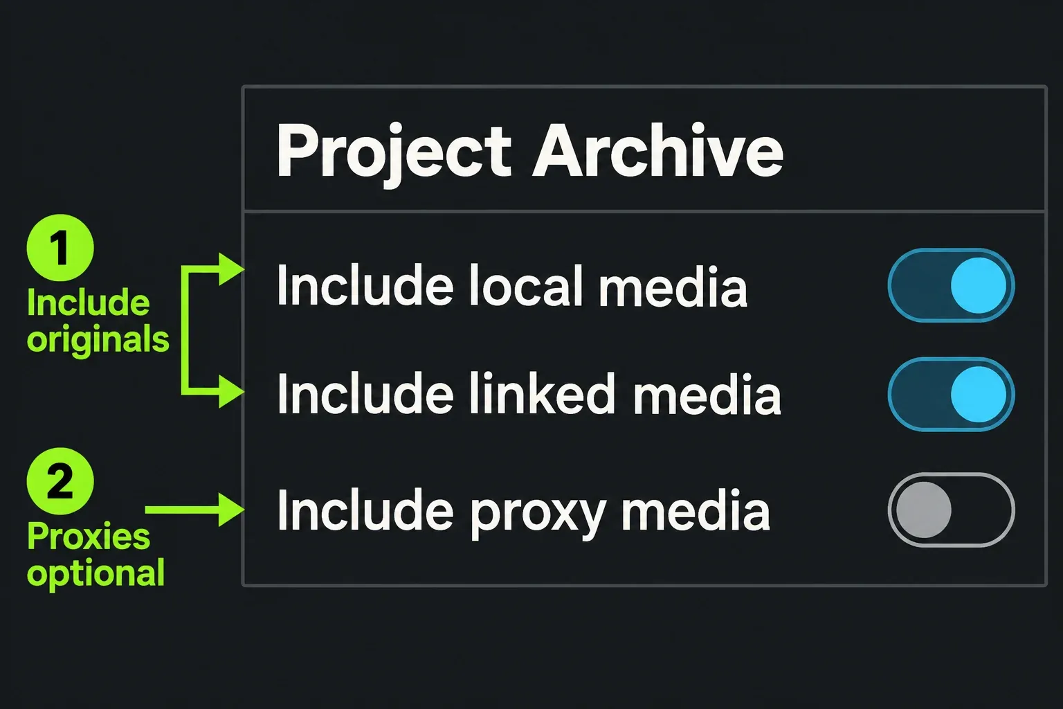 Project Archive options include local and linked media with proxy media optional.
