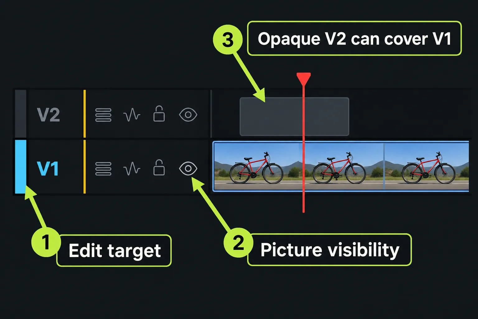 V1 edit-target tab and eye-shaped Monitor control beside an opaque V2 segment overlapping V1.