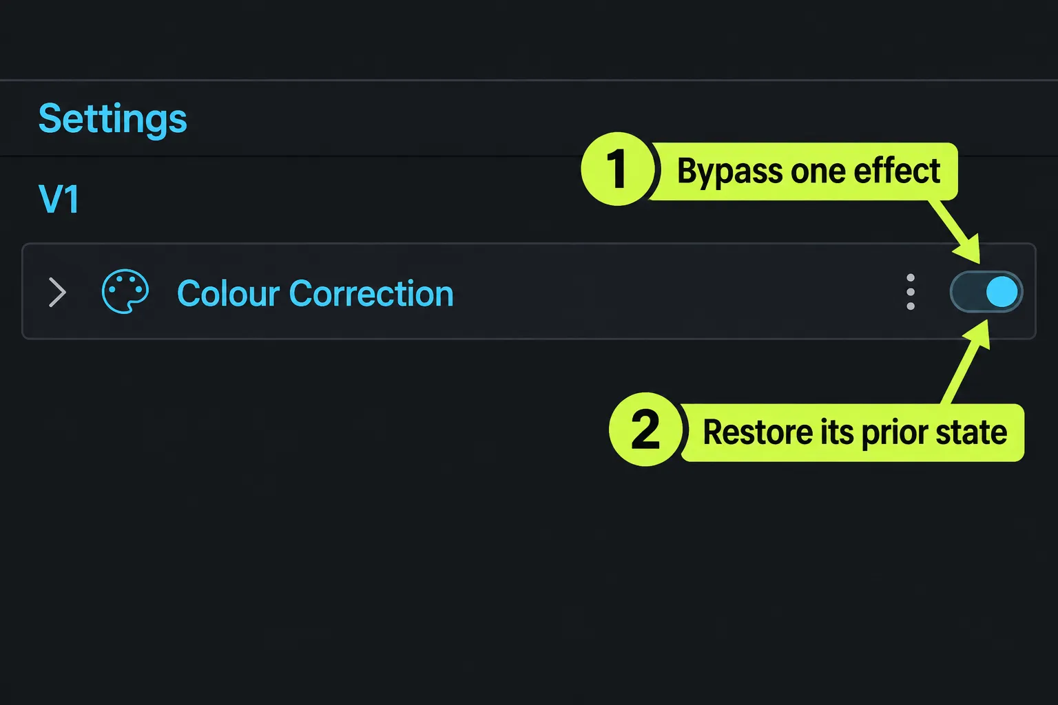 The Colour Correction enable toggle at the right of its effect header in Settings for V1.